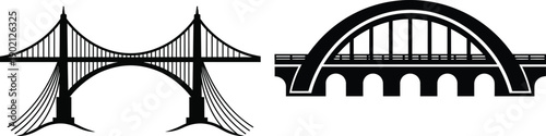 Architectural Bridge Icons Collection Featuring Elegant Suspension and Robust Arch Designs in Monochromatic Vector Art