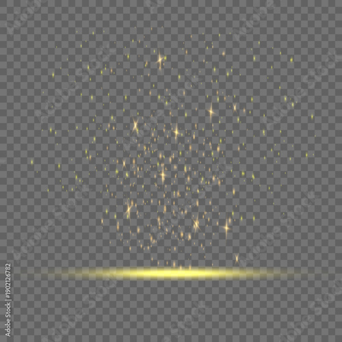 Golden sparkling dust particles with glowing light flare on transparent background, Magical gold glitter stardust trail with bright glowing lens flare effect