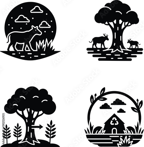A conceptual vector illustration showing the devastating effects of deforestation with cut tree stumps and a barren landscape under a gloomy sky.