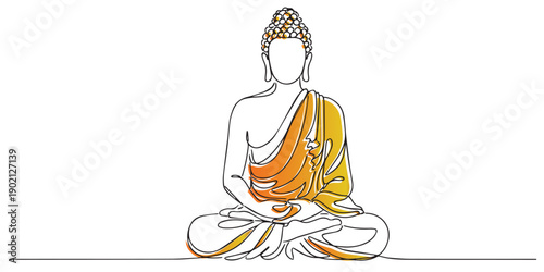 Line art drawing of a Buddha statue in meditation pose. One line drawing for spirituality, inner peace, mindfulness, and calm balance.