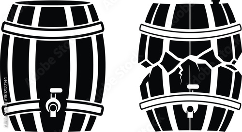 Vector illustration contrasting an intact wooden storage barrel with a shattered, damaged counterpart, symbolizing integrity and breakdown