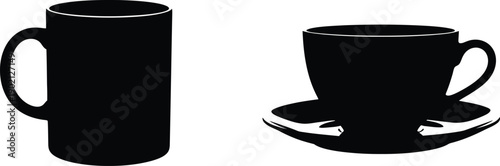 Two Silhouette Coffee Cups, One a Mug and the Other a Teacup with Saucer, on a White Background