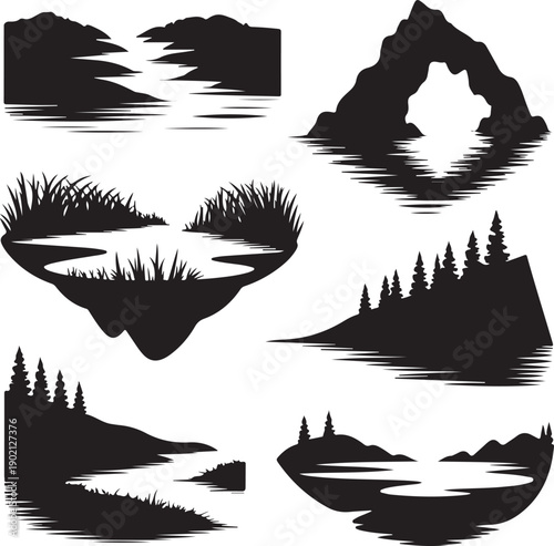set of black silhouettes of various landscapes with water and trees