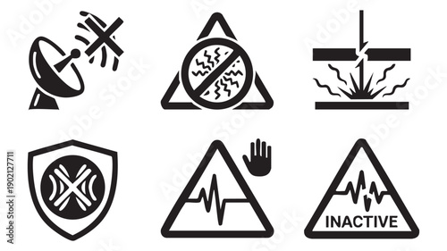 Set of modern warning icons for electromagnetic interference and radiation hazards