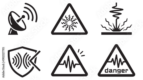 Collection of modern icons for electromagnetic wave and radiation hazards