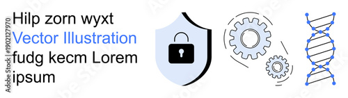 Cybersecurity, biotechnology, data protection, process automation, innovation, technology. Shield with lock, DNA strand gear icons. Cybersecurity and biotechnology concepts