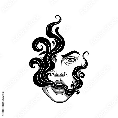 Illustration of a Man with Swirling Hair.
