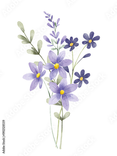 Flowers, leaves watercolor floral clip art. Bouquet perfectly for printing design on invitations, cards, posters and other. Isolated on white background. Hand painting.