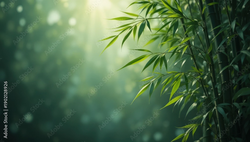 Naklejka premium Sunlight Filtering Through Bamboo Leaves in a Dense Forest During Midday Hours