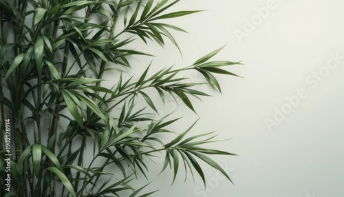 Green Bamboo Leaves Extend Towards a Plain Light Wall in a Minimal Indoor Space Creating a Natural Look