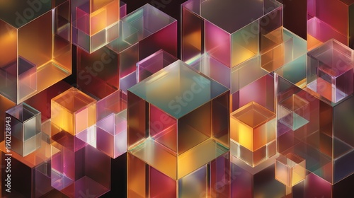 Colorful Abstract Geometric Pattern of Transparent Cubes on Black Background