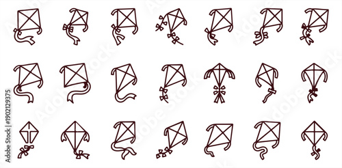 A collection of various kite designs and shapes on a white background
