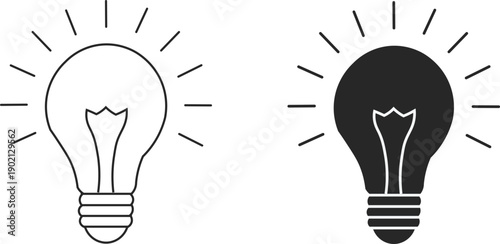 Light Bulb icon set, Black and white electric lamp, light, innovation, solution, creative thinking, electricity. Outline and flat idea symbol illustration for graphic design, logo, web site, UI.