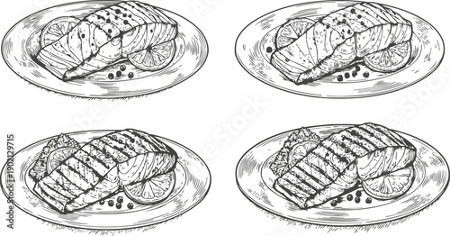 grilled salmon fillets on plates with lemon slices and peppercorns, hand drawn sketch set