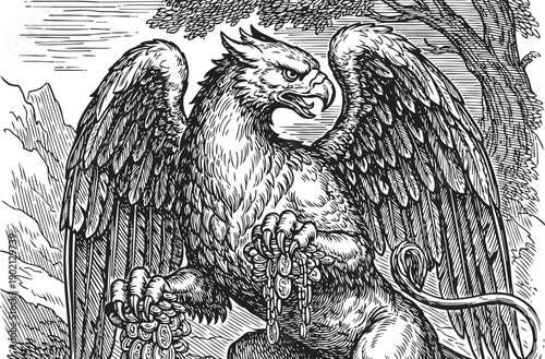 Mythical griffin with powerful wings and lion body clutching chained prey in clawed talons