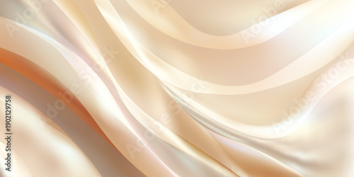 Beige silk fabric flows in gentle waves, creating warm cream background. Elegant texture with soft gradients, pearl highlights, and luxurious satin finish for beauty designs. Vector illustration.