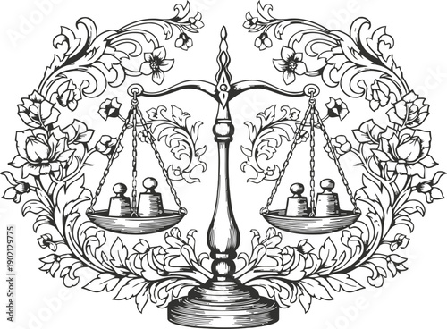 Ornate vintage weighing scales with decorative floral elements and balanced weights illustration