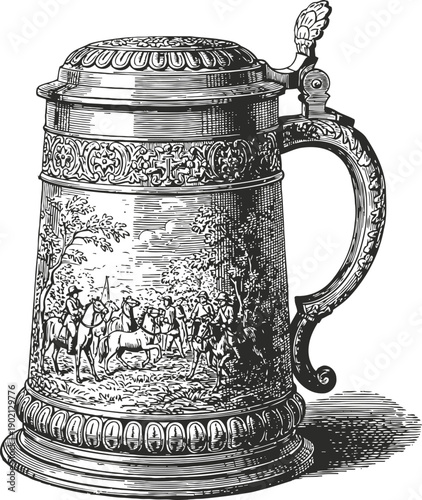 Antique beer stein with detailed engraved hunting scene and ornate metalwork design