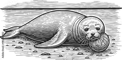 Vintage engraving of a playful seal lying on sand with a ball in its mouth, ocean coastal scene
