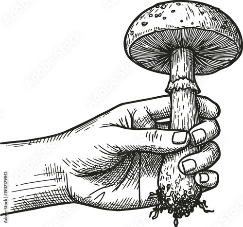 Hand holding a wild mushroom with roots, detailed ink drawing of edible fungus harvesting nature