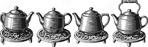 Vintage teapots on decorative stands classic kettles with various shapes and handles, retro kitchenware collection