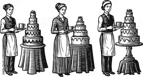 Vintage waitresses serving tiered decorated cakes on round tables in retro