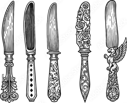 vintage ornate knives with intricate carved floral and mythical designs on handles