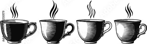 Hot coffee cups with steam rising four black and white vintage mug illustrations