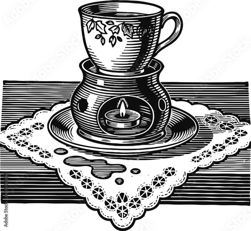 Vintage teacup on warmer with lit candle on lace doily on wooden table, black and white illustration
