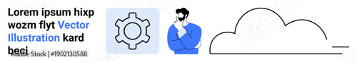 Gear icon, thoughtful man, and a cloud symbolizing strategies, innovation, and data storage. Ideal for technology, IT services, cloud computing, solutions innovation strategy simple landing page