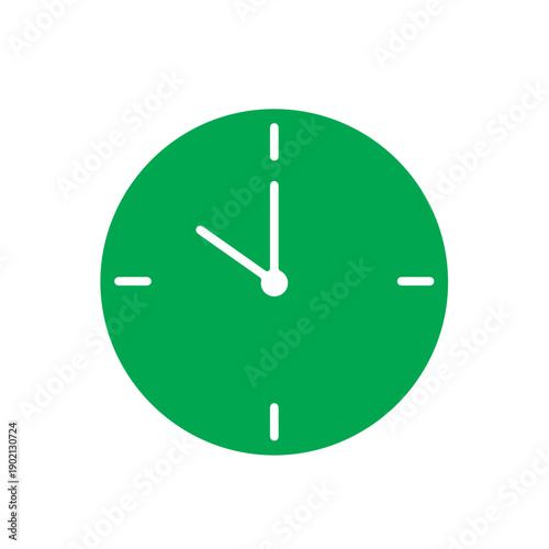 Simple green analog clock face illustration showing the time as exactly five o'clock on a white background.