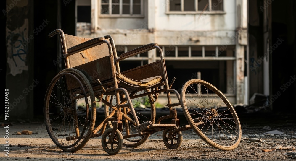 Fototapeta premium Abandoned Rusty Wheelchair in Dilapidated Building