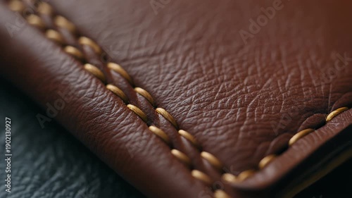 Close up view of brown leather with gold stitching