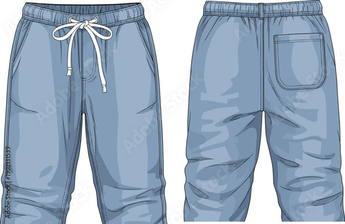 Light blue sweatpants with drawstring and back pocket shown from front and back view waistband front view