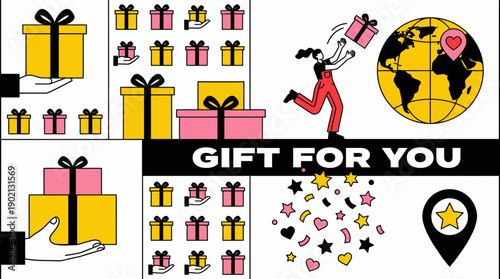 Colorful gift boxes and a celebratory figure with a Gift for You banner in a festive collage celebrating worldwide gifting.