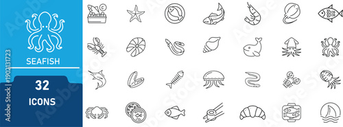 Seafood and Sea Fish Line Icon Set. Collection of Marine Animals and Ocean Food Icons Including Fish, Octopus, Crab, Shrimp, Lobster, Shellfish, Jellyfish and More. Editable Stroke Vector Illustration