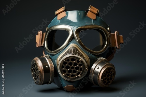Steampunk gas mask with brass and leather details providing respiratory protection