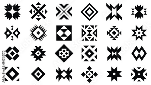 Aztec Navajo Shapes Set Featuring Southwestern Art Symbols, Geometric Tribal Motifs, and Decorative Ethnic Elements for Patterns, Textiles, Branding, Posters, and Graphic Design