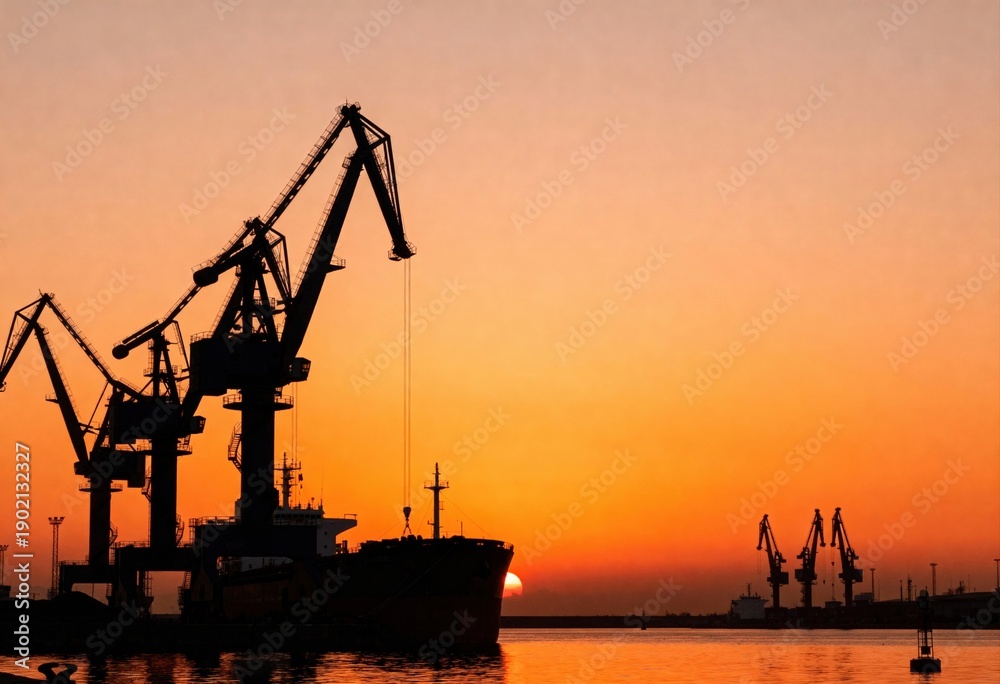 Fototapeta premium Sunset silhouette of industrial cranes by harbor with vibrant orange sky.