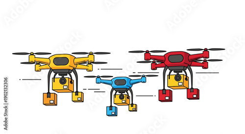 Fleet of delivery drones flying in formation smart city logistics vector
