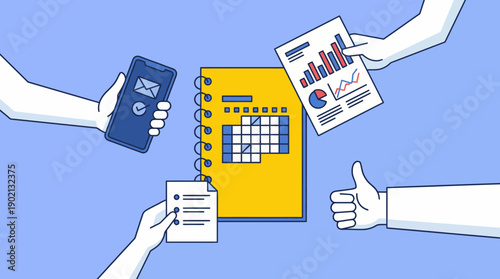 Illustration of two hands exchanging a wine glass and a calendar, symbolizing events, celebrations, and scheduling.