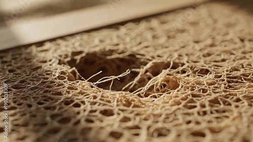 Extreme close-up view of dried natural sponge texture under dramatic warm sunlight illumination