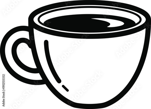 Black-and-white line drawing of coffee cup with dark liquid, symbolizing daily routine, relaxation, and productivity boost