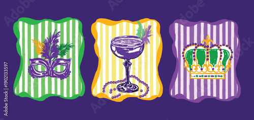 Vintage Mardi Gras Retro Poster Collection with Carnival Party Icons