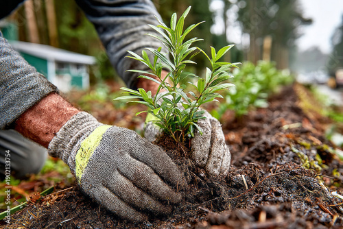 People are planting small trees in the ground to support Earth Day activities. They are focused on promoting sustainable practices in a natural area with greenery all around