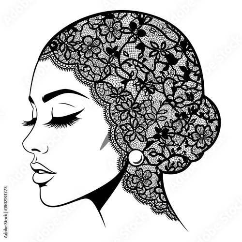 Woman Wearing Floral Headscarf Illustration Profile View.