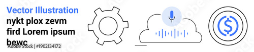 Gear icon, cloud with voice recognition waveform, and dollar sign in circle suggest technology, data, cloud computing, and finance. Ideal for tech, AI, finance apps innovation processes simple