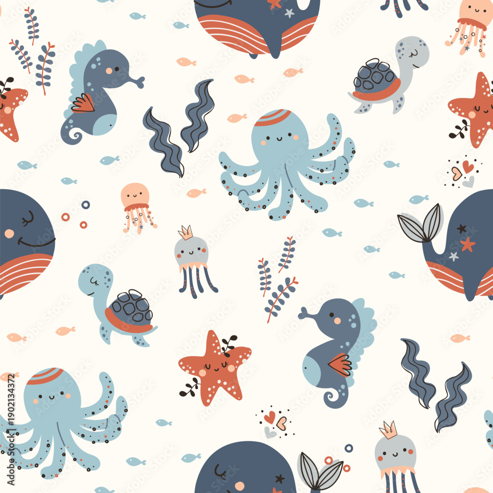 Obraz premium Seamless pattern with sea animals, turtle, whale, octopus and others. Pattern for bedroom, wallpaper, kids and baby wear.
