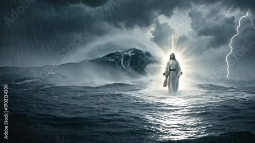 Solitary Figure Standing on Turbulent Stormy Ocean