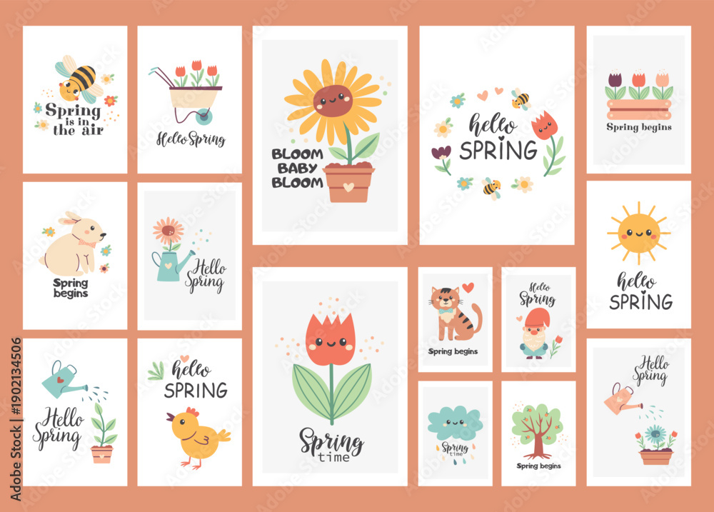 Fototapeta premium A sweet spring poster set featuring flowers, plants, animals, and positive quotes. These whimsical vector illustrations are perfect for stickers, journals and babies designs.
